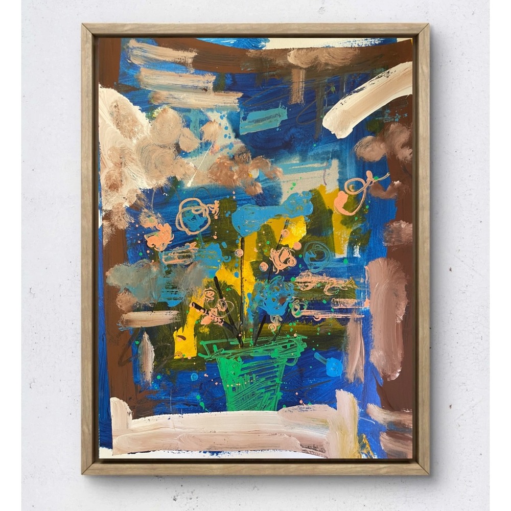Original Abstract Floral Painting 9x12 Paper Blue Brown Mixed Media Wall Art